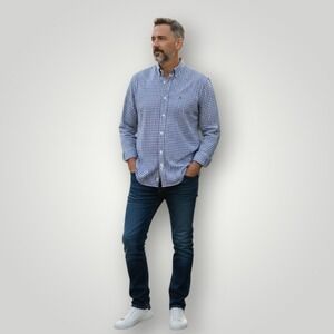 Tommy Hilfiger Mens Gingham Button-Down Shirt L Navy White Check 100%‎ Cotton